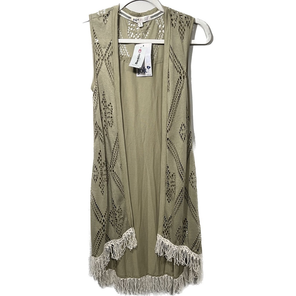 Jolt Olive Green, Crochet Fringe Sleeveless Duster Vest Size Small